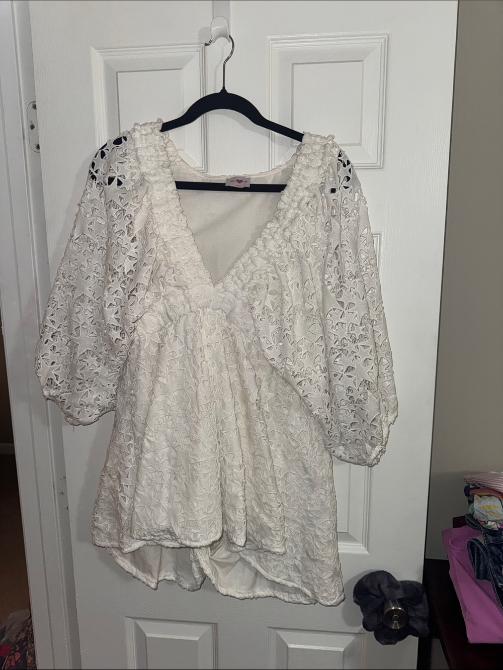 Buddy Love White Eyelet V-Neck Puff Sleeve Top